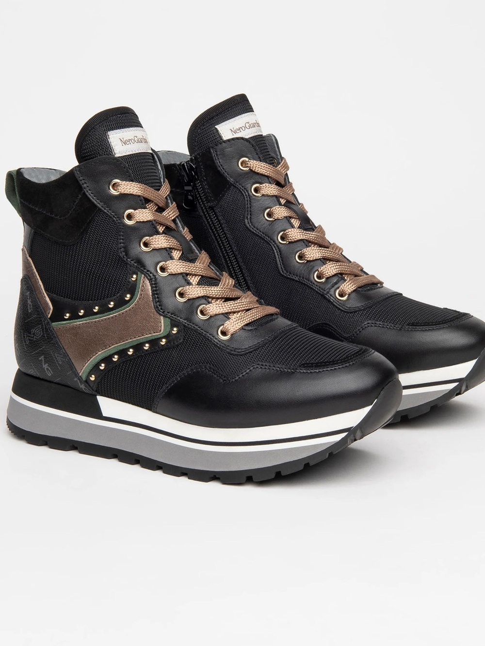 NeroGiardini Black Combat Boots Size 37 Gold Laces Side Zip